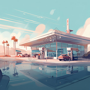 加油站卡通蓝天下的汽车加油站插画