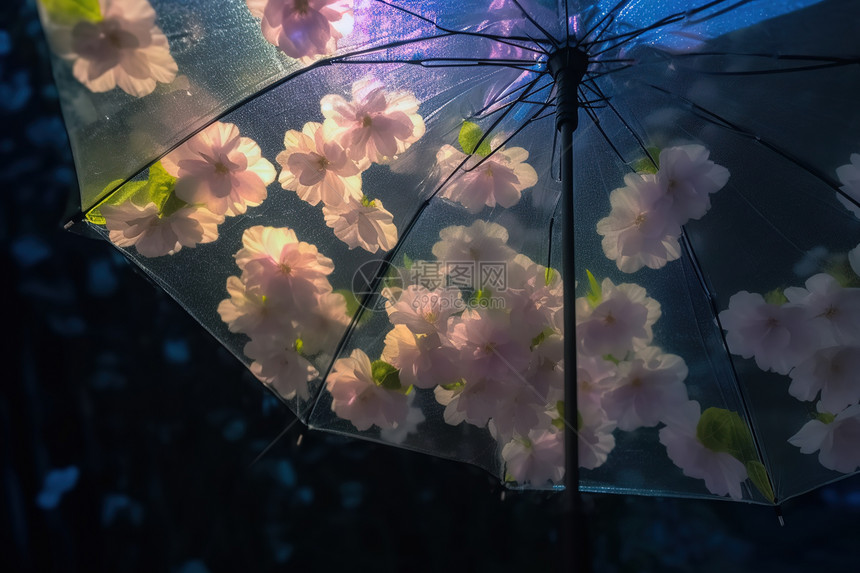 透明雨伞上的桃花图片