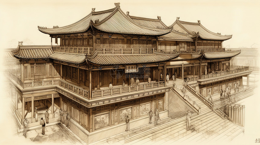 中国古代楼宇的绘图图片