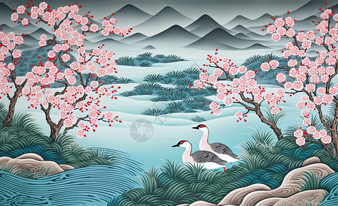 亚洲之鸟在春江中游泳的鸭子插画