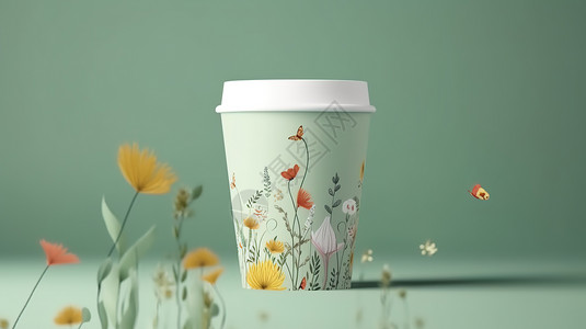 咖啡蝴蝶素材绿色背景白色纸杯插画