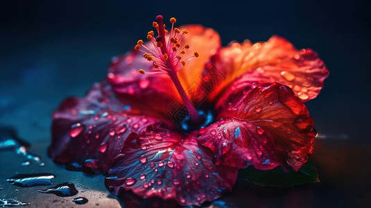 一朵红花带着水滴的红色木槿花插画
