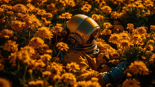 黄色金盏花躺在花海里的宇航员插画