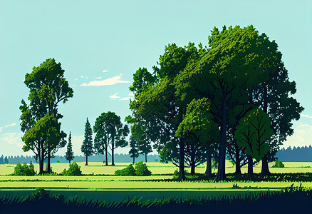 晴朗天空下绿树成荫的田野背景图片