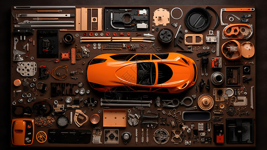 车体设计橙色汽车分解排列插画