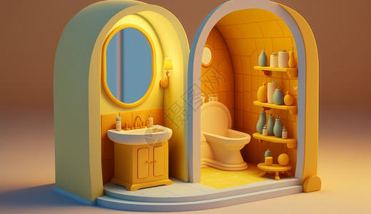 拱门玩具素材温馨可爱的洗手间3D模型插画