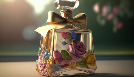 玫瑰花蝴蝶结香水瓶背景图片
