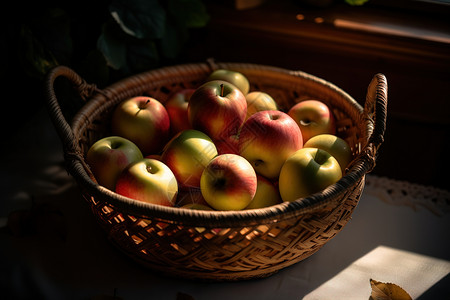 阳光下篮子里的苹果图片