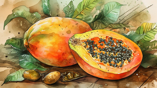 香甜营养木瓜手绘水彩水果木瓜插画
