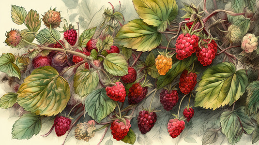 手绘水彩水果药材桑葚覆盆子背景图片