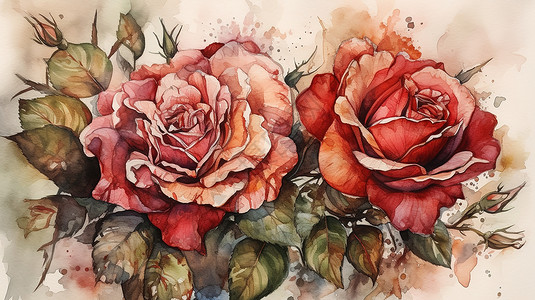 手绘红玫瑰花朵手绘水彩花卉玫瑰插画