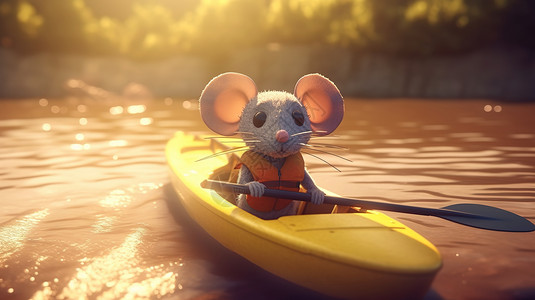 湖上划着皮划艇的可爱老鼠图片