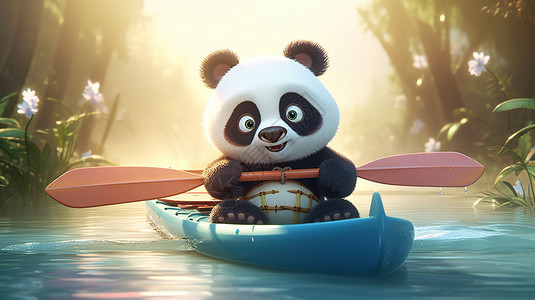 蓝色皮划艇划着皮划艇的可爱熊猫插画
