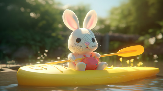 湖上划着皮划艇的可爱兔子图片