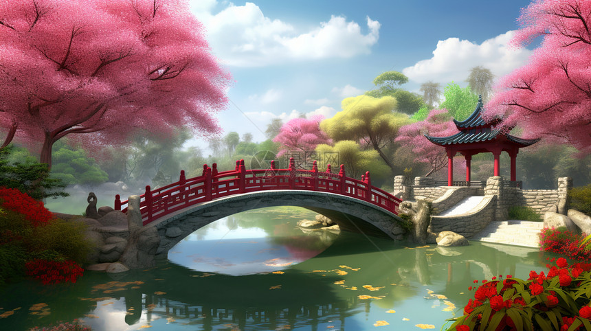 粉色树下的小桥图片