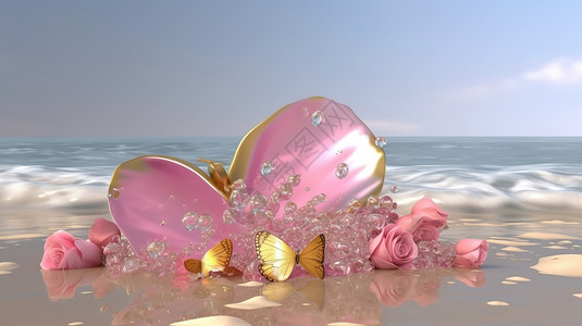 玫瑰花瓣蛋糕海边的花瓣插画