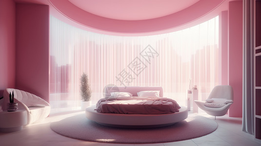 粉色窗帘可爱房效果图插画