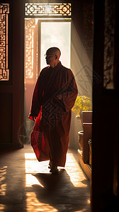 在寺庙行走的僧人图片