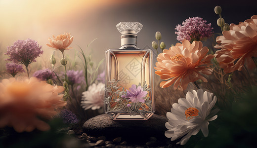 香水植物花朵从中优雅的香水瓶插画