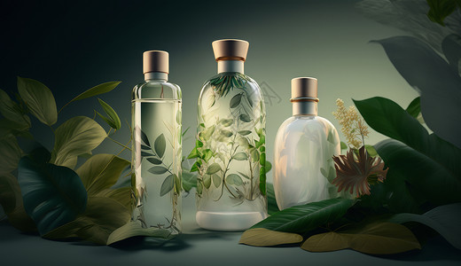 艺术花瓶组合在绿植中间的护肤品组合背景