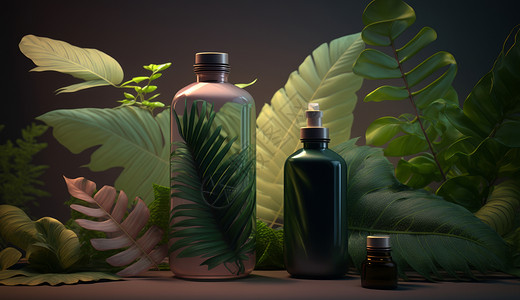 在绿植中间的护肤品瓶背景图片