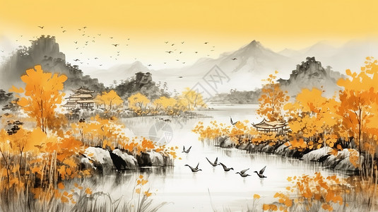 水彩水墨晕染中国风景高清图片