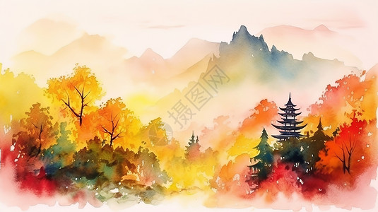 水墨水彩晕染中国秋天风景高清图片
