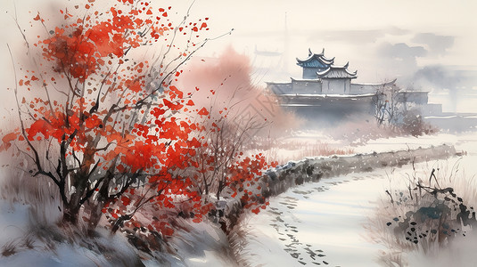 秋天霜降水墨水彩中国风景场景图片