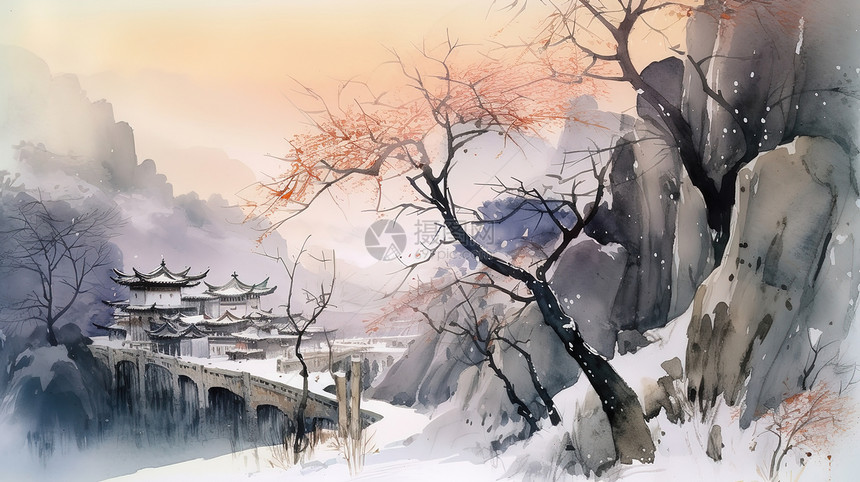 霜降水墨水彩中国风景场景图片