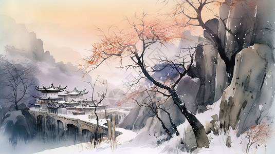 立秋客厅装饰画霜降水墨水彩中国风景场景插画