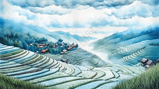 梯田艺术春天谷雨梯田水墨水彩中国风景场景插画