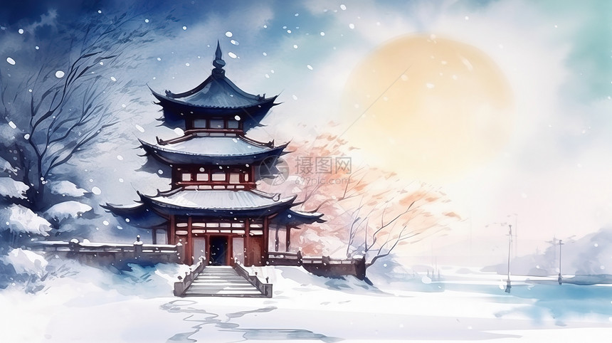 水墨水彩雪景建筑中国风景场景图片