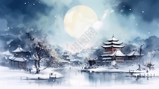 雪景水墨水彩建筑中国风景场景图片