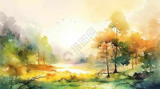 水墨水彩中国风景场景背景图片