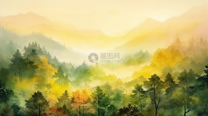 水春天墨水彩中国风场景图片