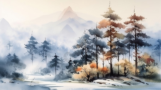 中国水墨松树水墨水彩冬天雪景插画