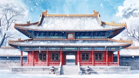 寺庙钟水彩水墨雪景中冬天中国古建筑风景插画