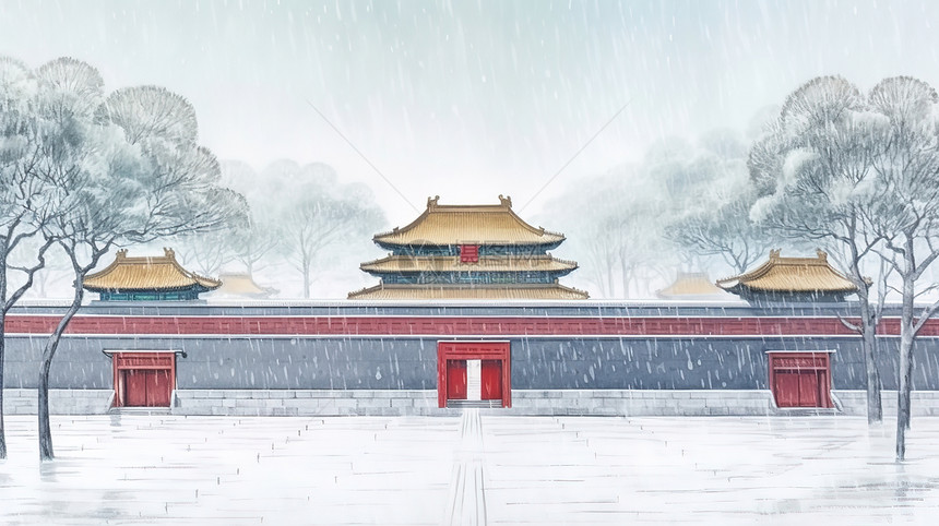 水彩水墨冬天古建筑雪景中国风景图片