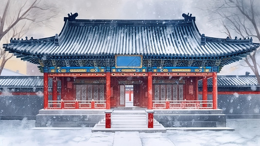 紫禁城雪景水彩水墨古建筑雪景中国风景插画