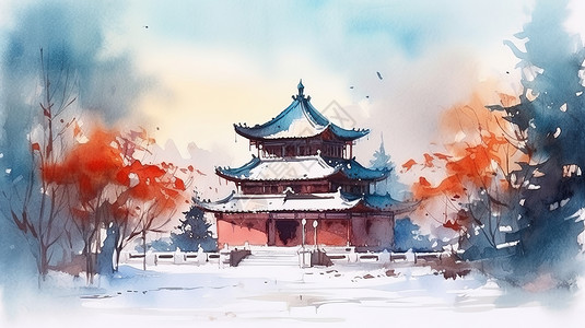 紫禁城雪景水彩水墨旅游地古建筑插画