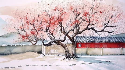 乡村商店和雪水墨水彩晕染冬天乡村雪景中国风景插画