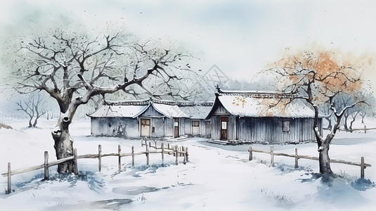 雪景水彩水墨水彩晕染冬天乡村雪景插画