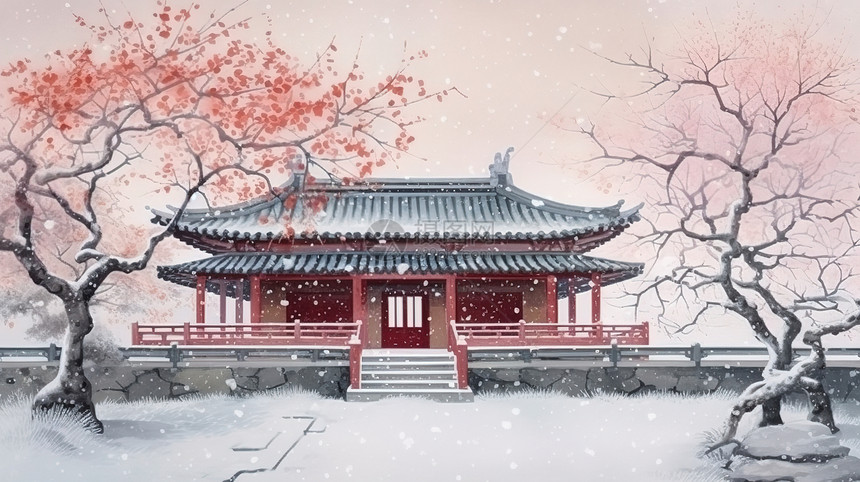 冬天雪景中国古建筑水墨水彩晕染风景图片