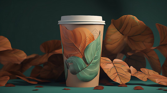一片树叶花纹树叶咖啡杯插画