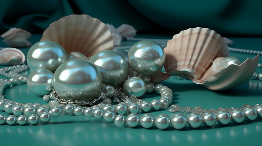 漂浮蓝色珠子浅色珍珠贝壳插画