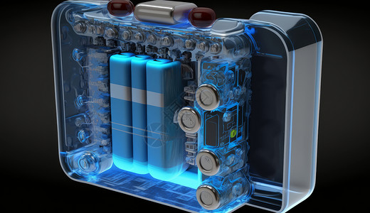 透明电池素材透明外壳蓝色发光的锂离子电池插画