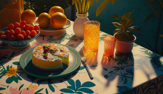 盆栽水果桌子上的蛋糕与水果插画