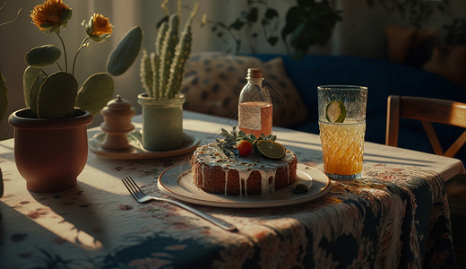 桌子上的蛋糕与果汁静物图片