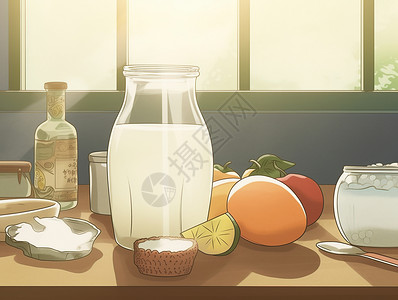 玻璃罐牛奶营养早餐插画