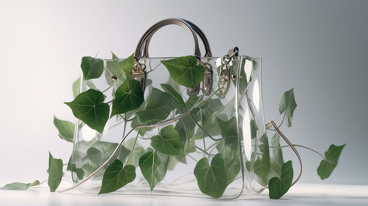 透明包包植物装饰的透明质感时尚包包插画